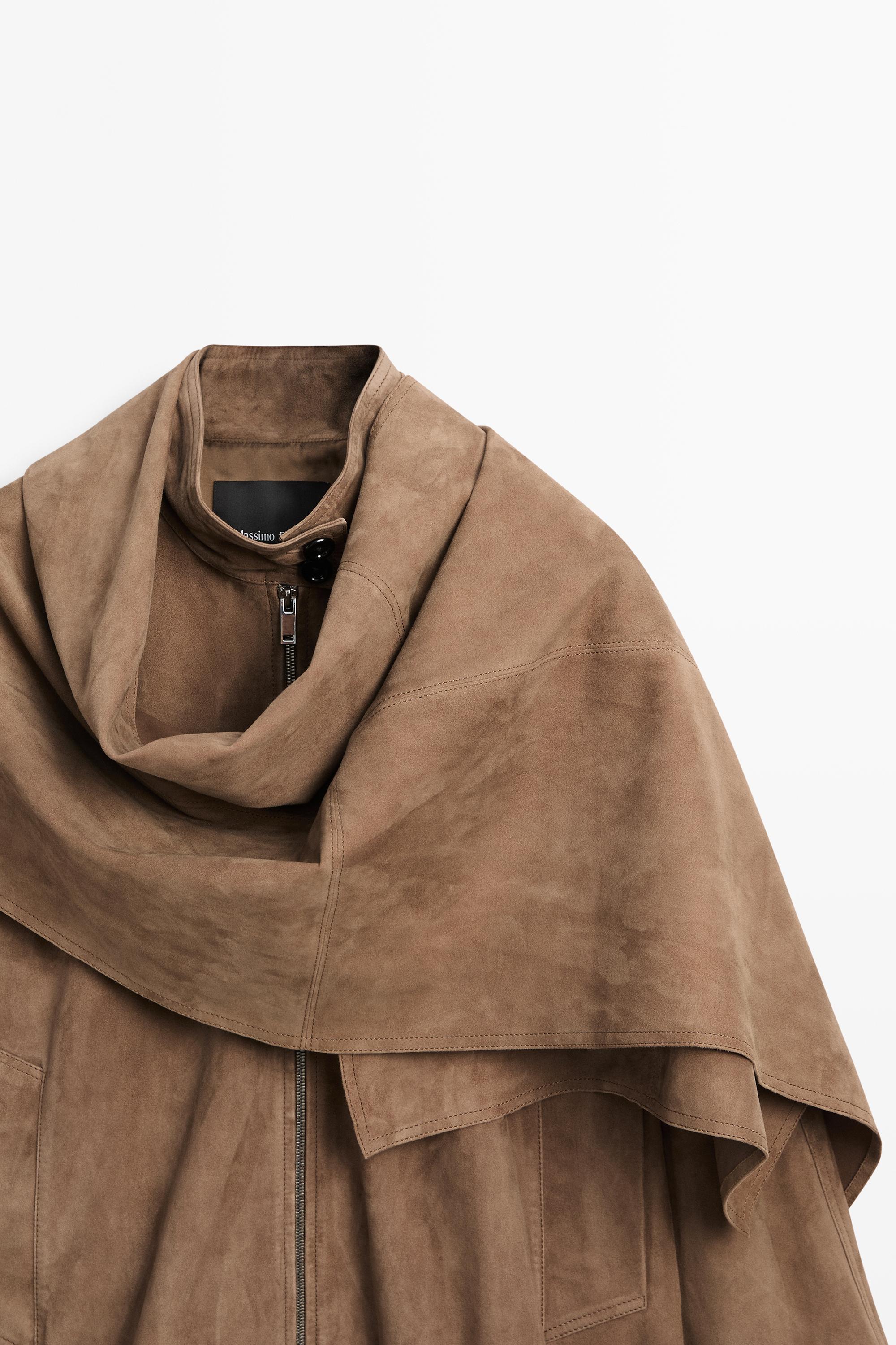 Blouson bomber en cuir et daim, détail écharpe